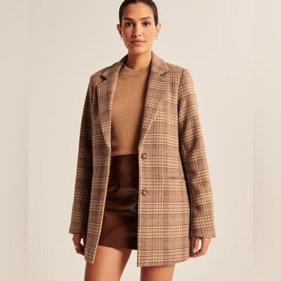 Abercrombie & Fitch Women's XXSP Brown Plaid Dad Coat Jacket Wool-Blend Preppy - Picture 1 of 11